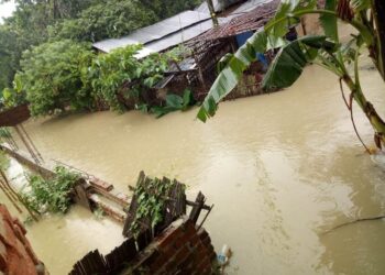 A flooded village in the Terai region of Nepal